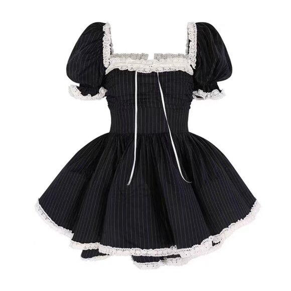 Selkie The Pinstripe Bonny Mini Dress Large Black White Lace Holiday - Picture 3 of 16